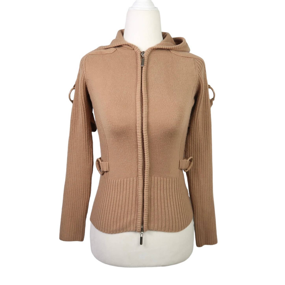 Y London Brown Knit Zip Up Hooded Cardigan Sweater Small